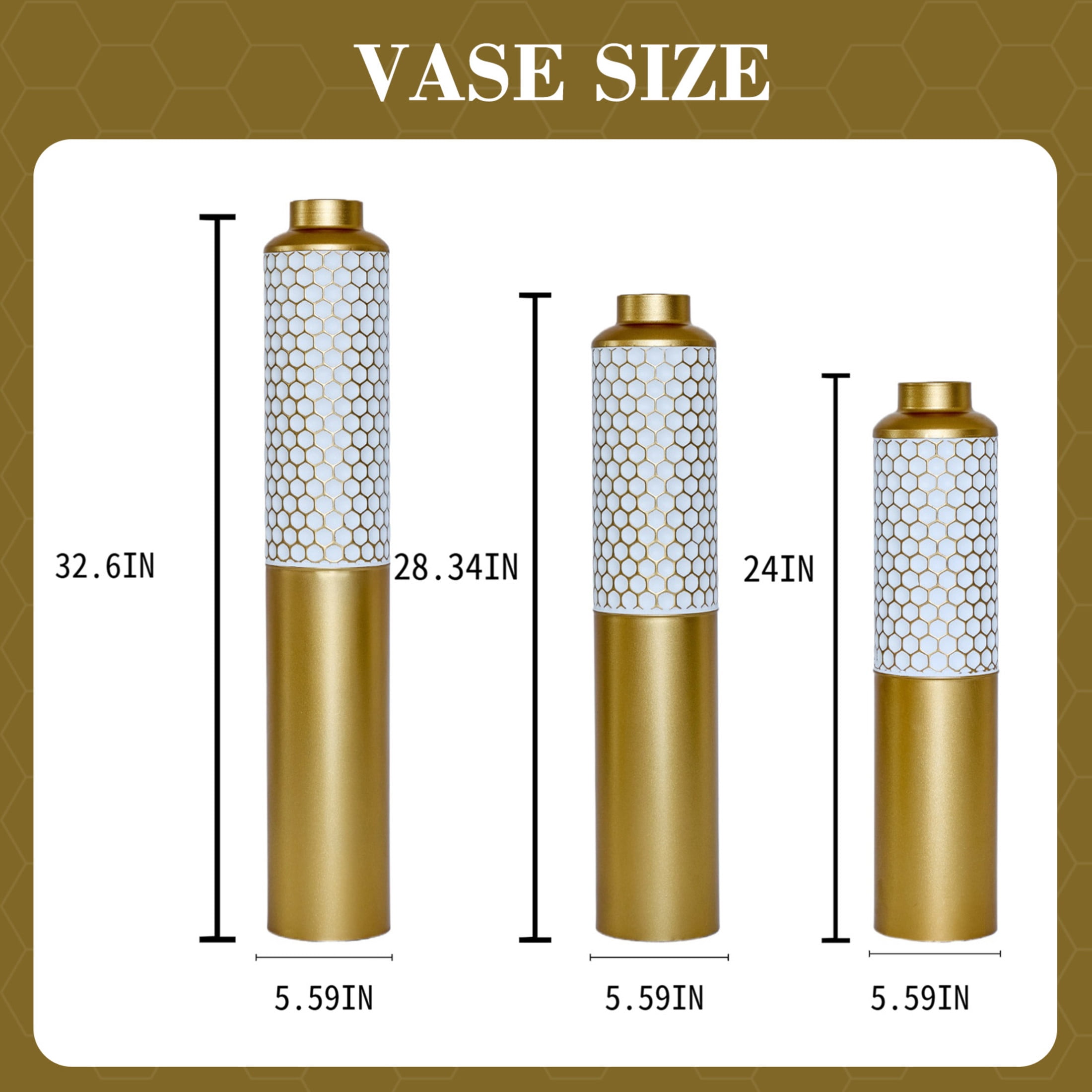 Noble House 3-Piece Metal Floor Vase Set, Textured Hexagonal Pattern Decorative Vases, Gold + White