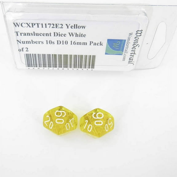 Yellow Translucent Dice with White Numbers 10s D10 Aprox 16mm (5/8in) Pack of 2 Wondertrail