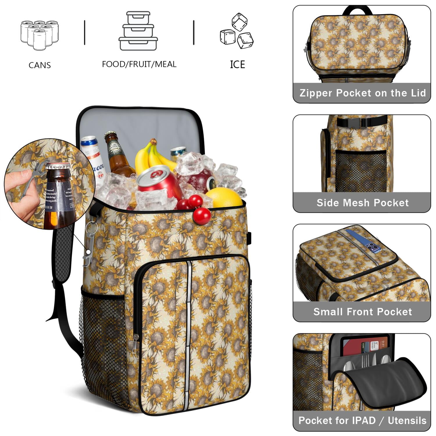 Travel Cooler Bag - Sunflower Camping Beer Cooler Backpack with Bottle Opener- Waterproof Insulated Picnic Backpacks - Cooler Bag for Beach