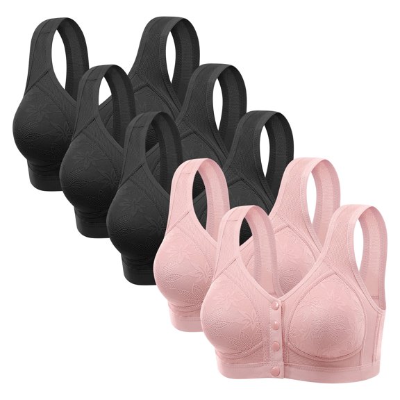 5 Pack Bras For Women Front Closure No Underwire Lace Mesh Comfy Wireless Snap Closing Nursing Bras For Breastfeeding (L, 3*Black/2*Pink)