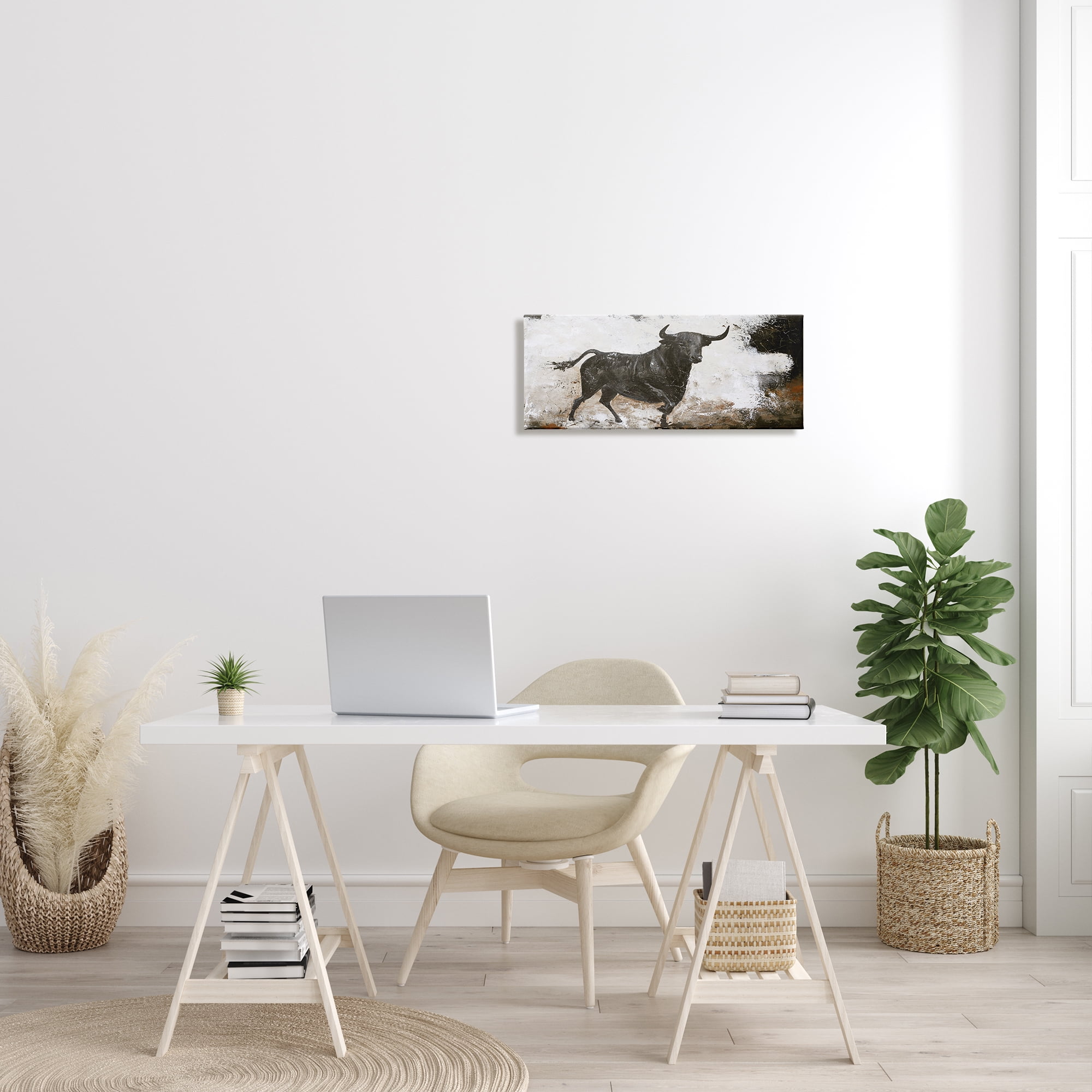 Stupell Industries Rustic Running Bull Abstract Animal Painting Wild Cattle, 24 x 10, Design by Design Fabrikken