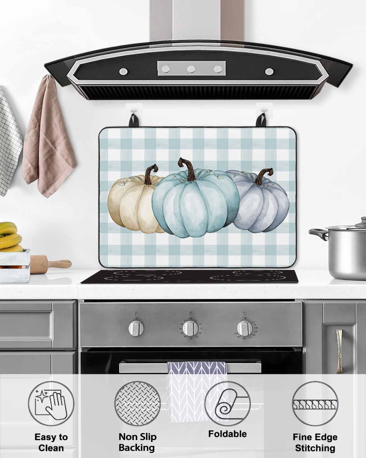 Large Induction Cooktop Protector Mat Pumpkins Stove Top Covers for Electric Stove, Thanksgiving Fall Farmhouse Teal Buffalo Plaid Decorative Stove Burner Cover Mats, Glass Top Stove Cover