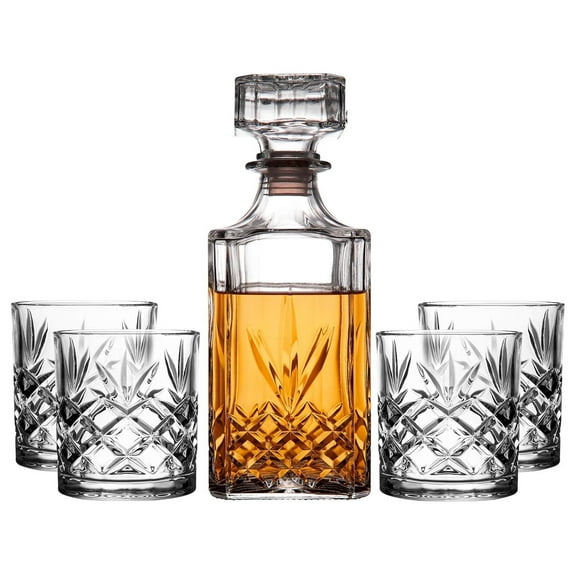 Kinsley Whiskey Glasses Set with Decanter for , Bourbon, Cognac, and Liquor, Classic 5-Pc. Glass Bundle for Serving Alcohol, Pull Top Drink Stopper