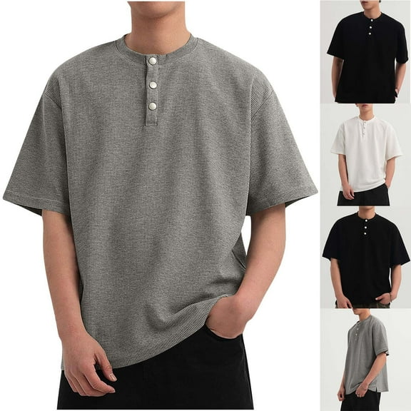 Xunlbb Mens Shirt Mens Casual Button Down Shirts Men's Solid Color Casual Button Short Sleeved Round Neck Shirts on Clearance, M-3XL