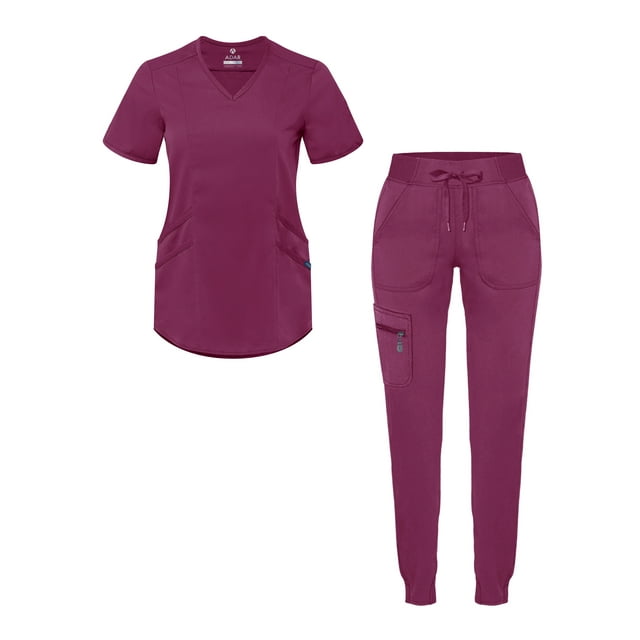Adar Pro Modern Athletic Scrub Set For Women - Modern V-Neck Scrub Top & Yoga Jogger Scrub Pants
