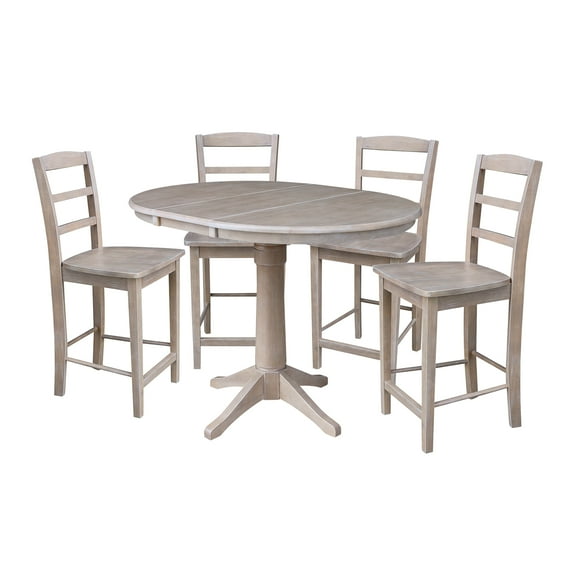 International Concepts 5-Piece Solid Wood Counter Height Dining Set with 36" Round Extension Table and 4 Ladder Back Stools, Washed Gray Taupe