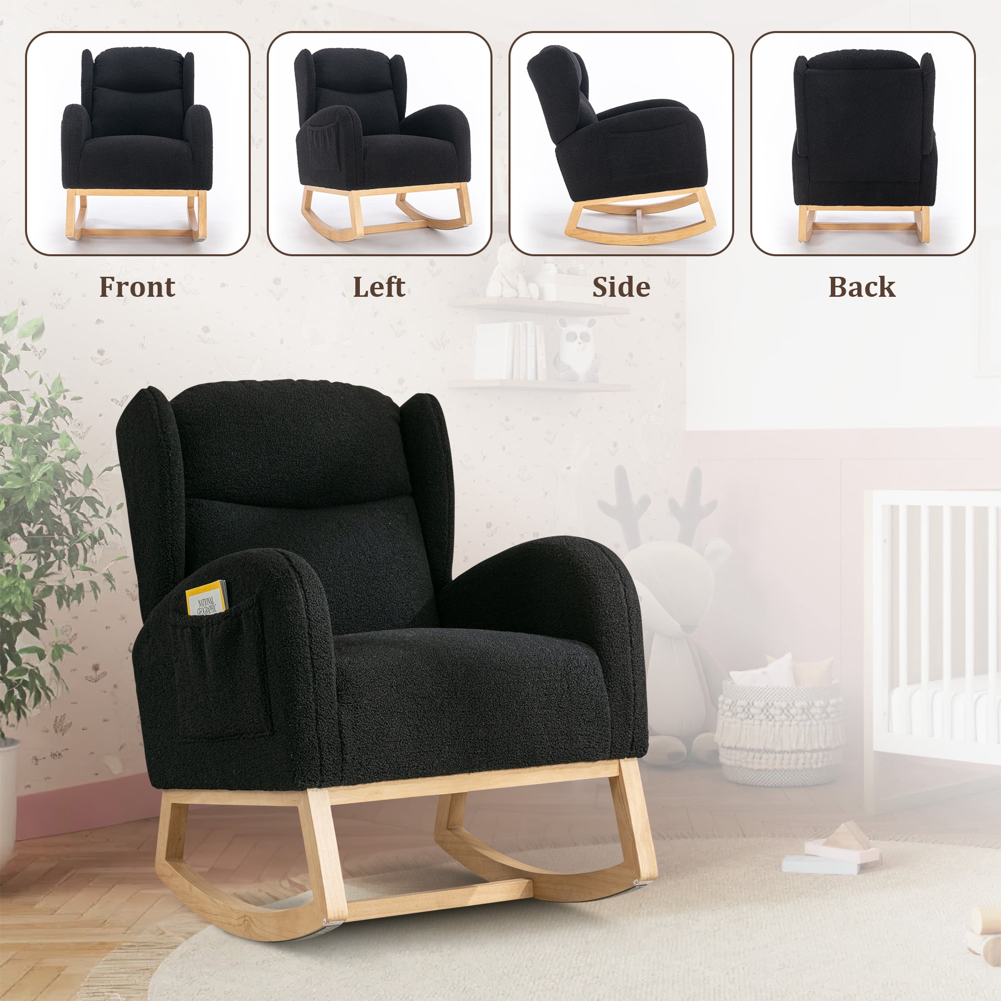 FFH Rocking Chair, Nursery Rocker with Side Pocket, Teddy Black