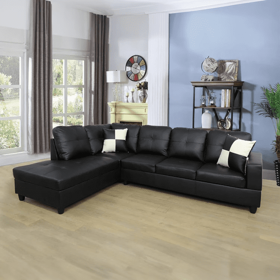 Sectional Couch for Living Room Furniture Sets, Faux Leather L Shape Sofa with Chaise 2 Piece Using for Small Apartments and Offices (Black,Facing Left Chaise)