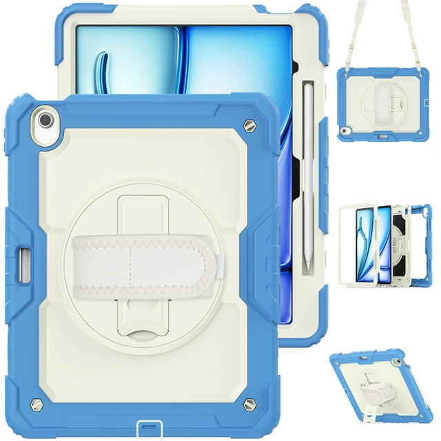 XYX For iPad Air 13 inch Case (2025 M3/2024 M2), 360 Rotating Shockproof Cover with Stand, Screen Protector, Shoulder Strap, Cream Navy