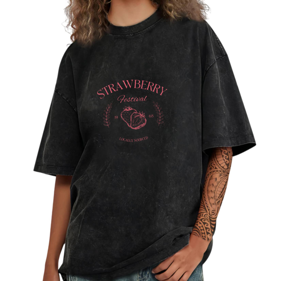 Black Washed Print Tshirt Graphic Tees Pink Strawberry Festival Retro Casual Shirts S-2XL Tops