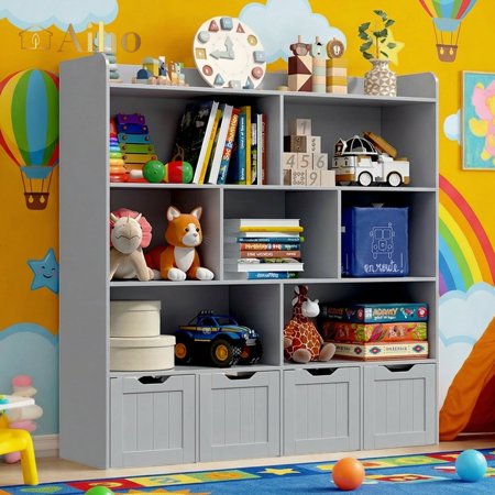 Aiho Kids Bookcase Children s Book Shelf 4 Drawers with wheels for Storage Toddler Bookshelf for Nursery Kids Rooms - Gray