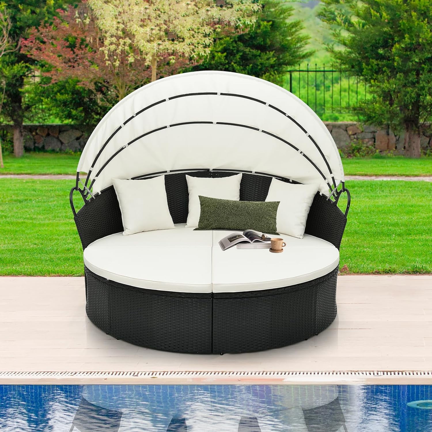 Gymax Outdoor Patio Round Wicker Daybed w/ Separate Seating Sofa, Retractable Canopy, 4 Cushion 3 Pillows Black & White