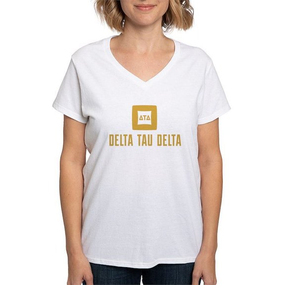 CafePress - Delta Tau Delta Gold Stacked Signature T Shirt - Womens Cotton V-Neck T-shirt