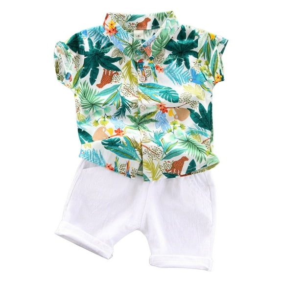 NIEWTR 2Pcs Baby Boy Cartoon Print Summer Outfits 3 6 12 18 24 Months 3 Years Short Sleeve Tree Print T-Shirt Elastic Shorts Set For 18-24 MonthsChildren's Day Gift 2PCS Set ,6-12 Months