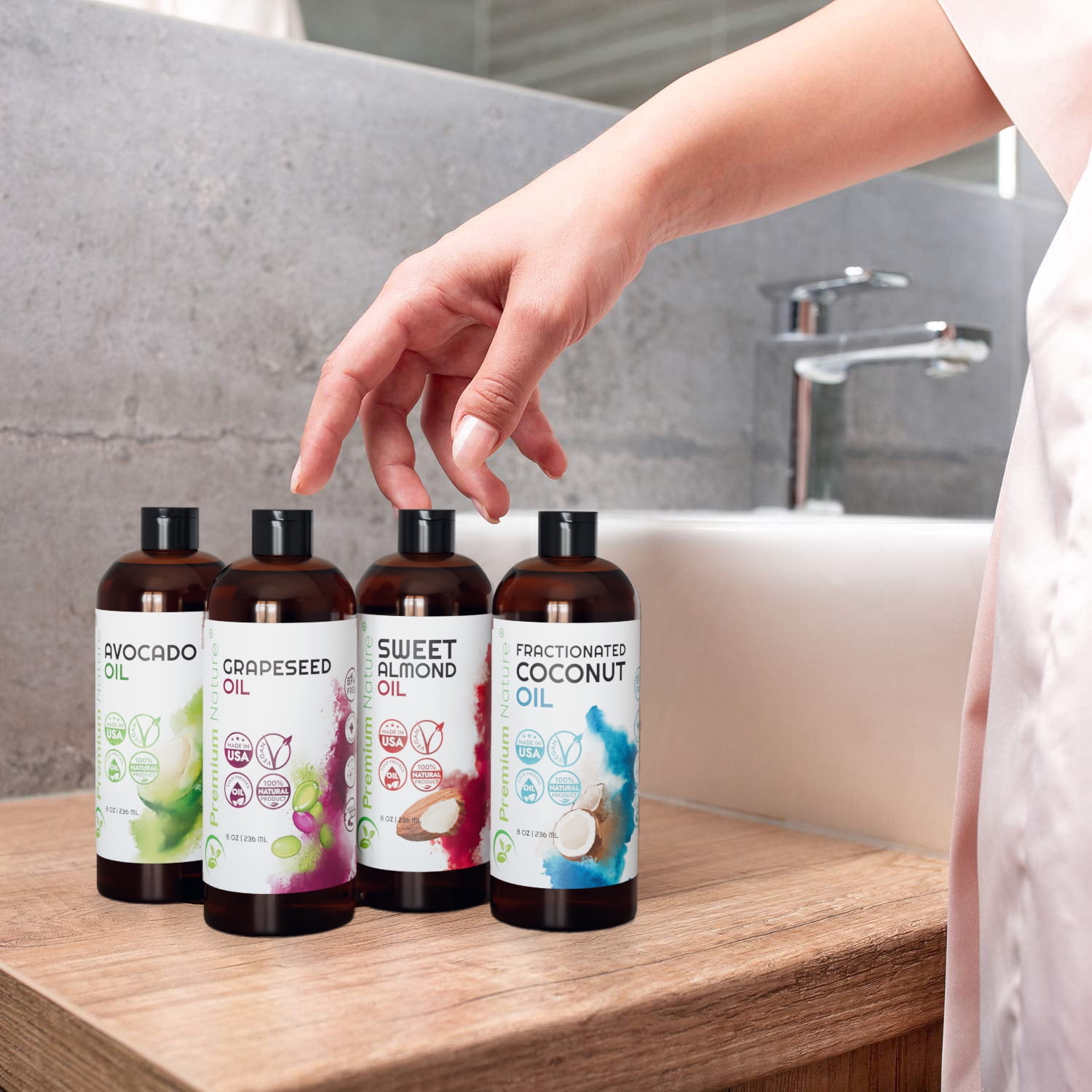 Carrier Oils Set - 4 Pack (8 fl oz Each) | Grapeseed Oil, Sweet Almond Oil, Avocado Oil & Fractionated Coconut Oil | Cosmetic Grade Oils for Skin, Hair, Massage & DIY Beauty