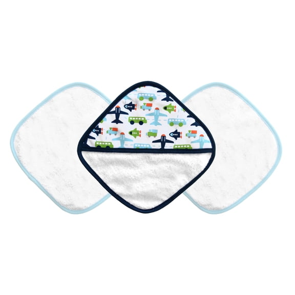 JJ Cole Washcloth and Bath Mitt Set, White Vroom, 3 Count