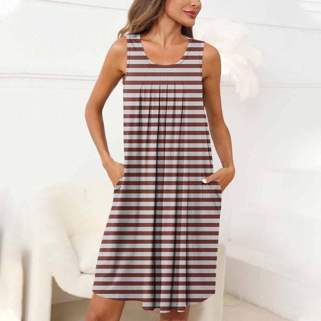Pyjama pour Femmes Zeophrasy Femmes Imprimé avec Poches Chemises de Nuit Sans Manches Vêtements de Nuit devant Plissé Nuisette Col Rond Robe de Nuit Clearacne Moins de 5