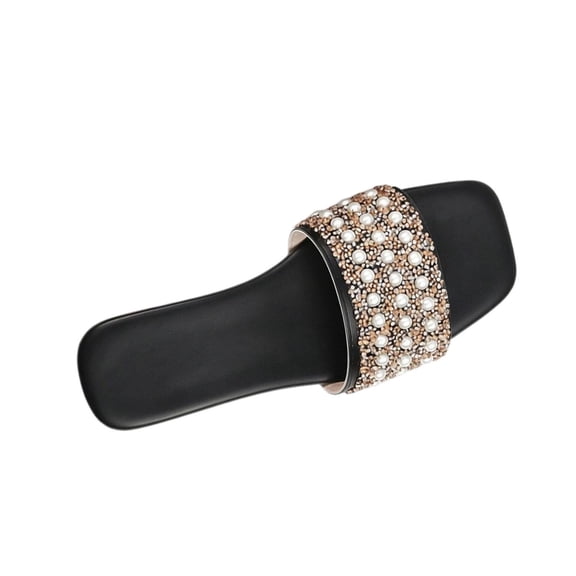 KIJBLAE Women's Low Heel Pearl Rhinestone Slide Sandals, Bohemian Roman Style Beach Casual Flat Slippers Black 41