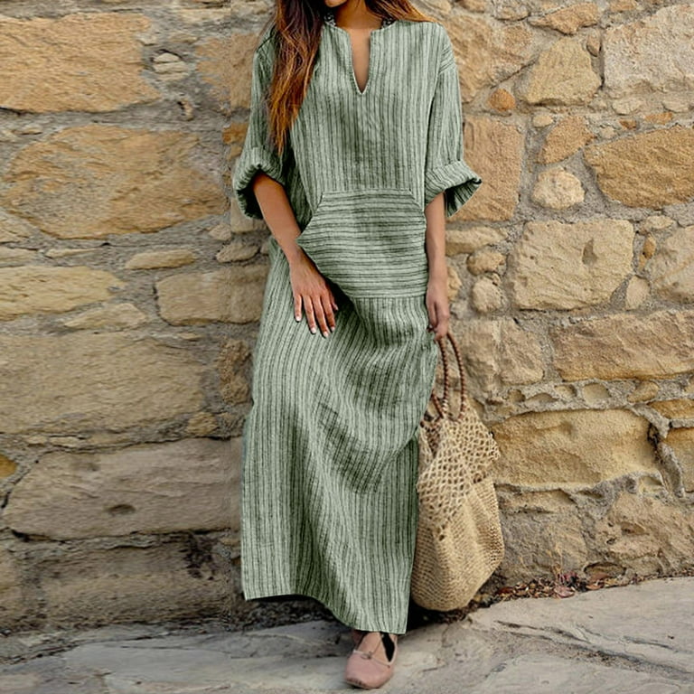 VSSSJ Womens Striped Printed Casual Summer 3/4 Sleeve Long Dresses V Neck  Loose Comfy Holiday Maxi Cotton Linen Dress with Pockets Green L -  Walmart.com