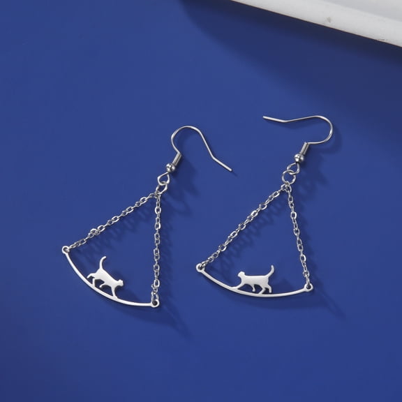 EUEAVAN Silver Walking Cat Dangle Earrings for Women Stainless Steel Jewelry Cute Drop Earrings