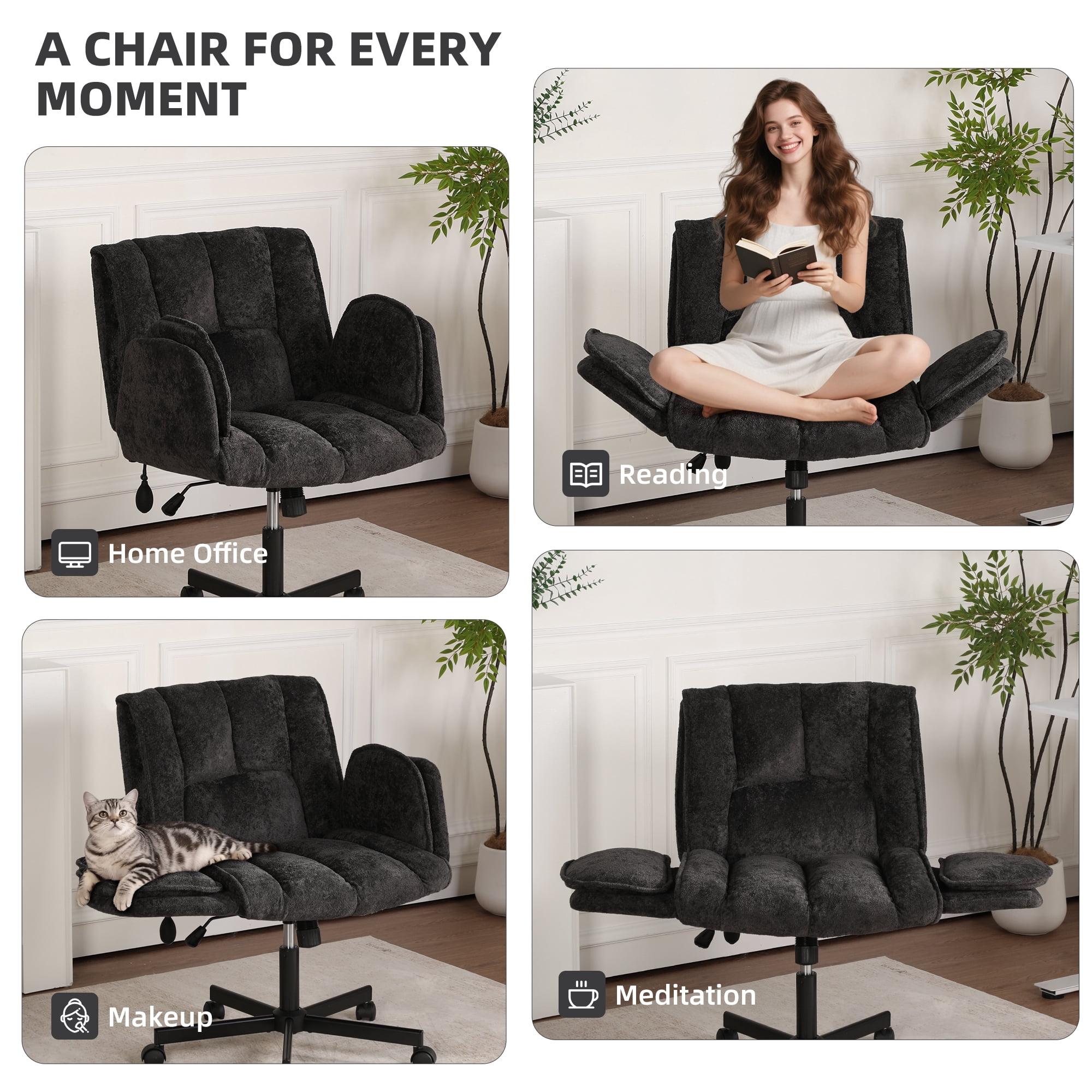 Cross Legged Office Chair with Wheels & Dynamic Airbag Lumbar Support, Criss Cross Wide Seat, 5-Position Fold-Down Armrests, Swivel Vanity Chair for Home Office, Black