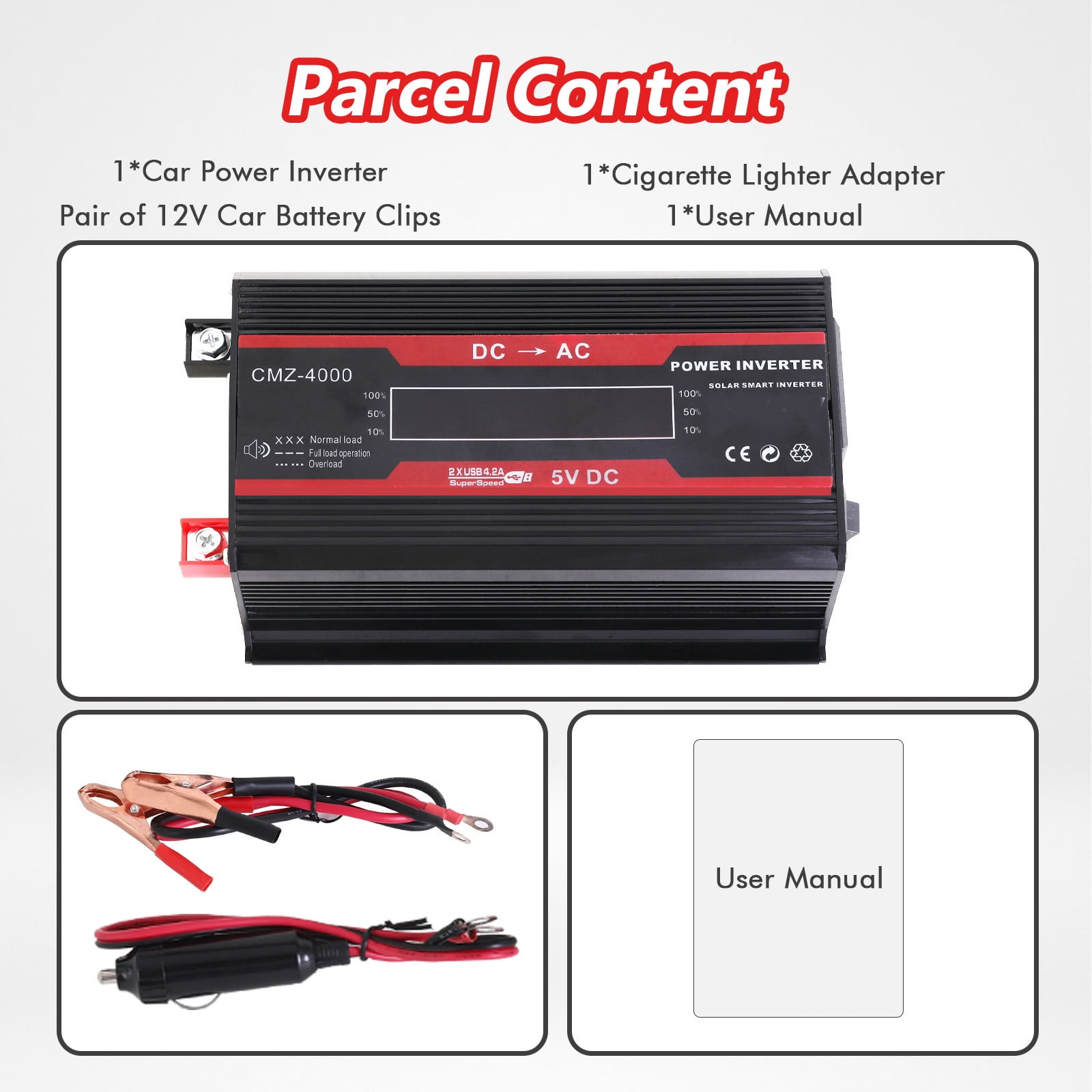 Power Inverter For Car 5000 Watts Surge Power 12V DC to 110V AC Modified Sine Wave, Power Converter for Vehicles and Outdoor Use with 3 USB Ports