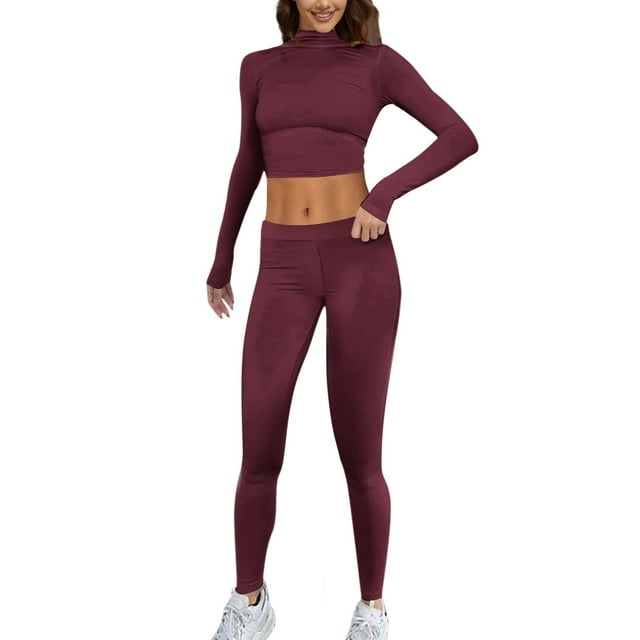 Women Fashion Two Piece Outfit Basic Long Sleeve Crop Top and Low Rise Flare Pants Yoga Tracksuit Set