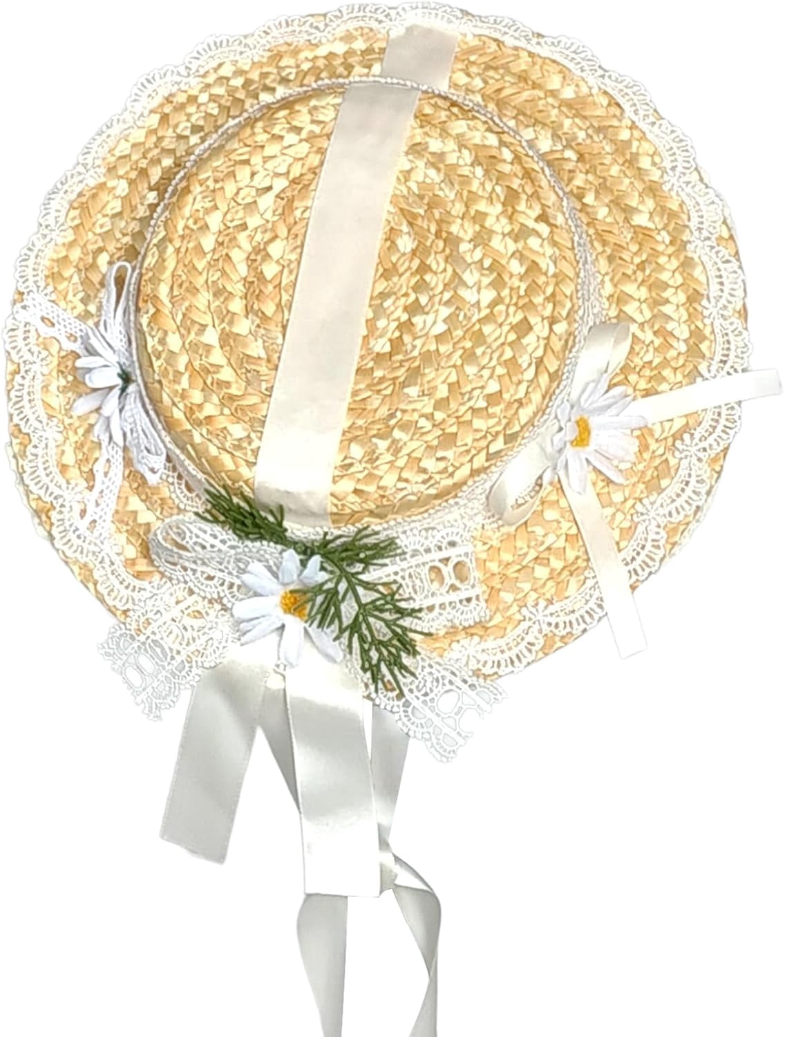Kukuzhu Girls Women Victorian Tea Party Sun Hat, Lolita Lace Ribbons Straw Flat Hat Wide Brim Flower Bonnet Cap