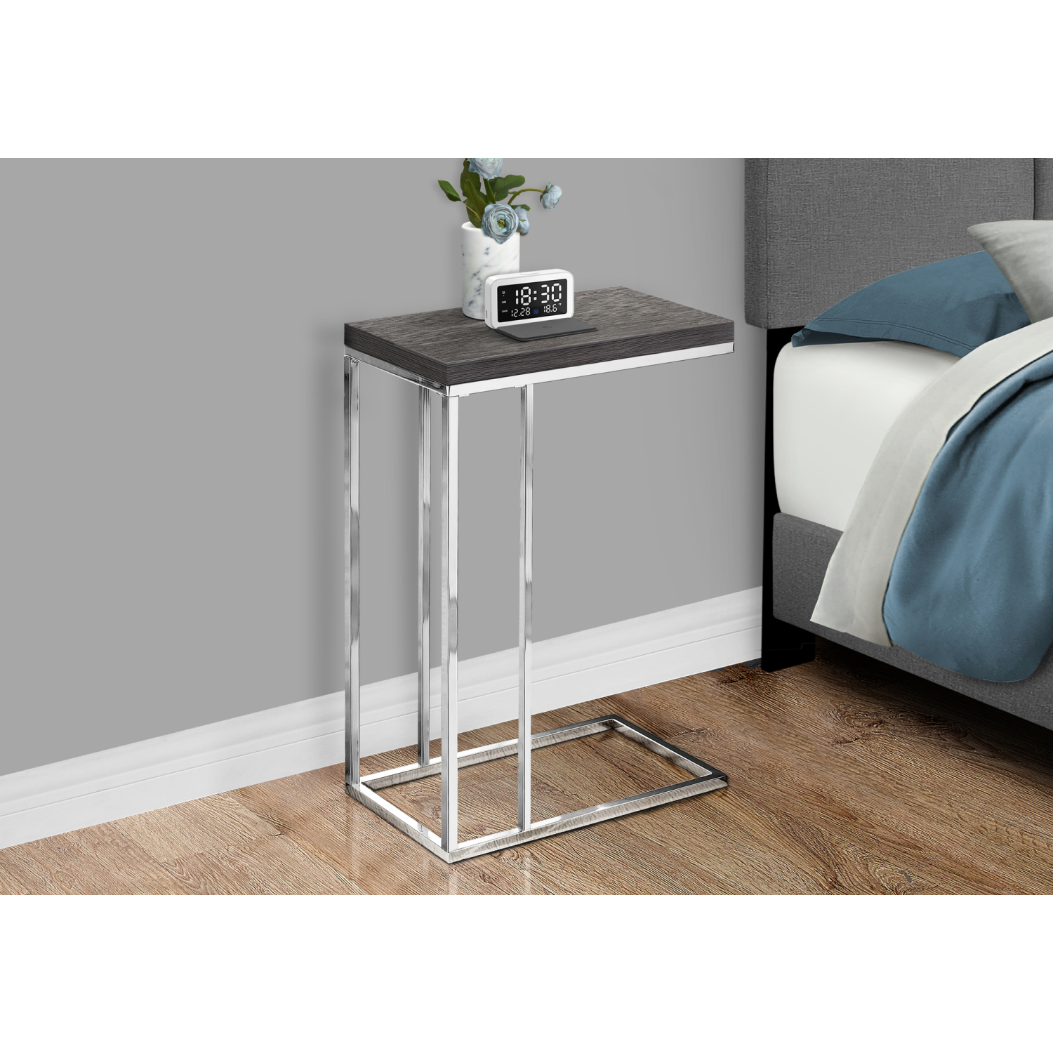 Grey C-Shaped End Table with Chrome Metal Base Versatile Compact Accent Table for Living Room, Bedroom, or Office