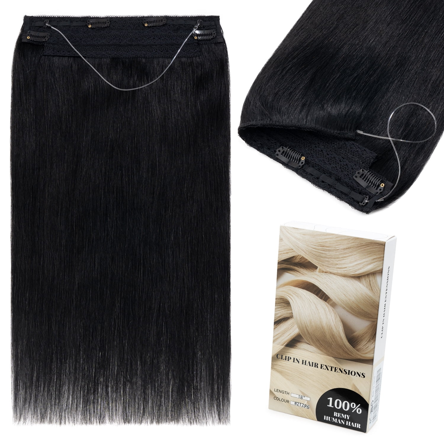 Hidden Secret Clip in Extensions Real Hair Wire in Weft One Piece THICK Human Hair Extensions Headband With 4 Clips Adjustable Black 12"-22"