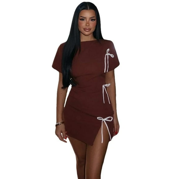 Women's Turtleneck Short Sleeve Lace-up Bowknot High-Split Mini Dress, Hips Wrapped, Solid Color
