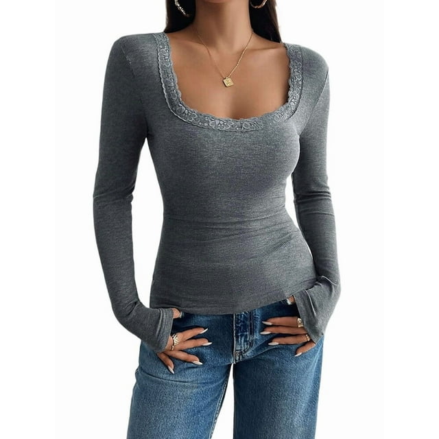Womens Long Sleeve Shirts Square Neck Ribbed Knit Crop Tops Fall Outfits Fashion Clothes Grey M