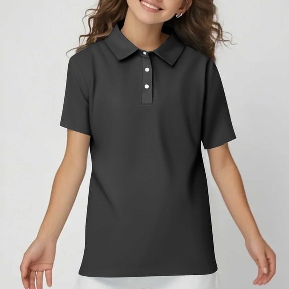 Domuza Girls Button Down School Uniform Shirt Kids Short Sleeve Solid Collared Shirts Preppy Casual Holiday Clothes Dark Gray 3-4 Years