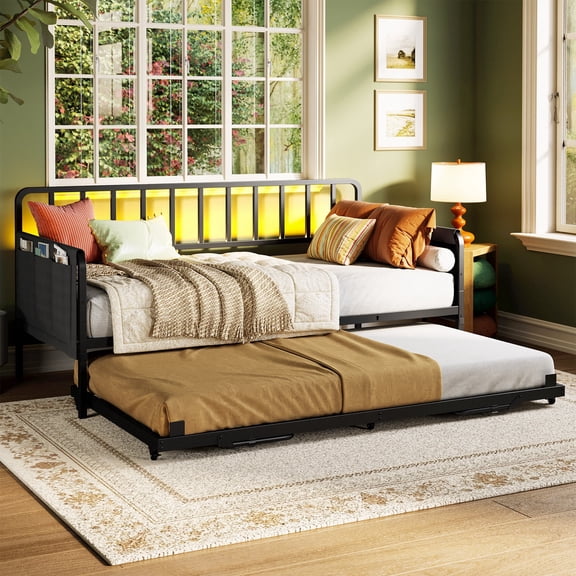 LIKIMIO Twin Daybed with Trundle, Charging Station, LED Lights & Storage Bags, Sturdy Metal Sofa Bed for Bedroom/Guest Room