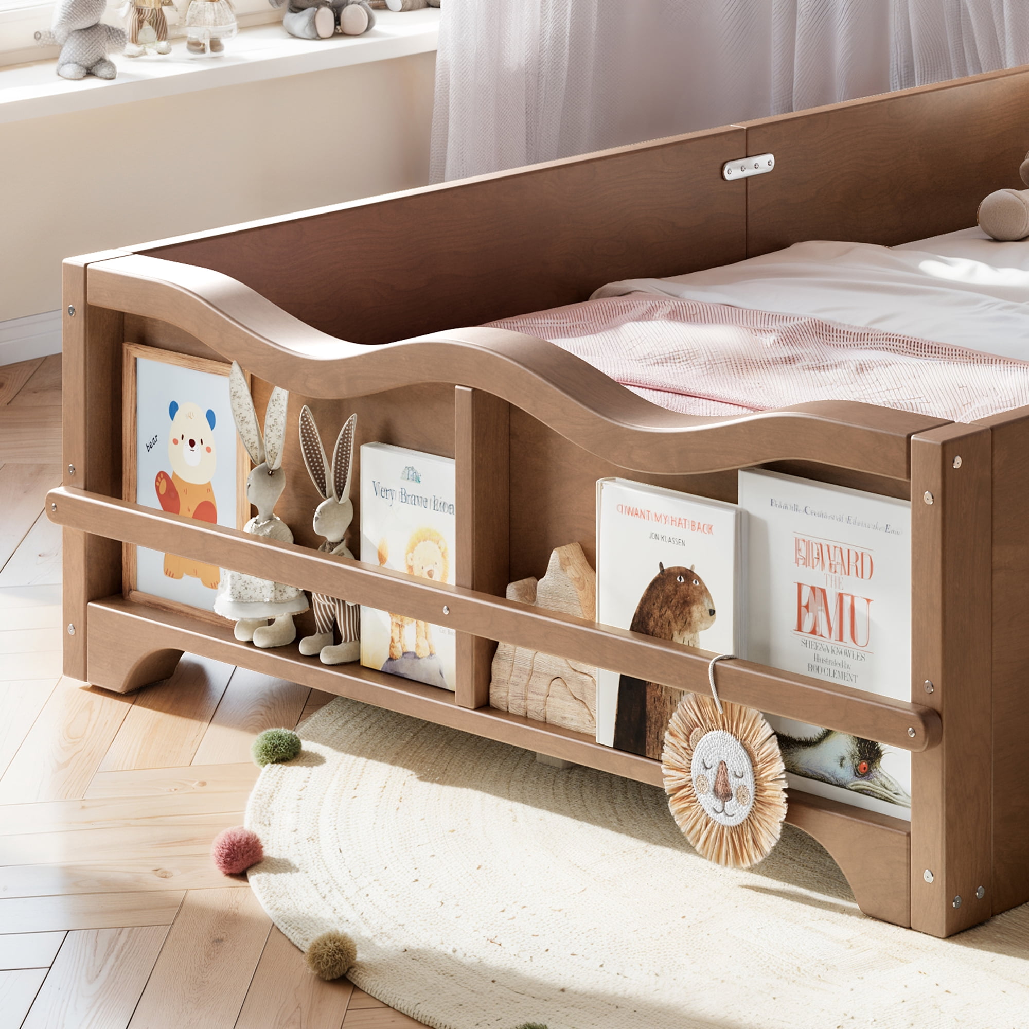 Twin Size Kids Platform Bed 78 Inch, Bowknot Headboard with Surround Guardrails and Built In Bookshelf, No Box Spring Needed, Deep Natural