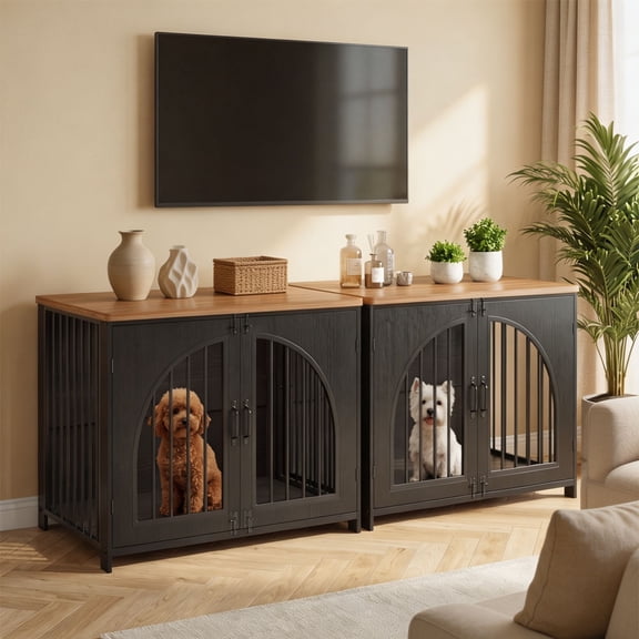 2-Pack Decorative Dog Crate Furniture with Locking Arched Door – Indoor Metal Kennel for Small to Medium Dogs, for Living Room Bedroom