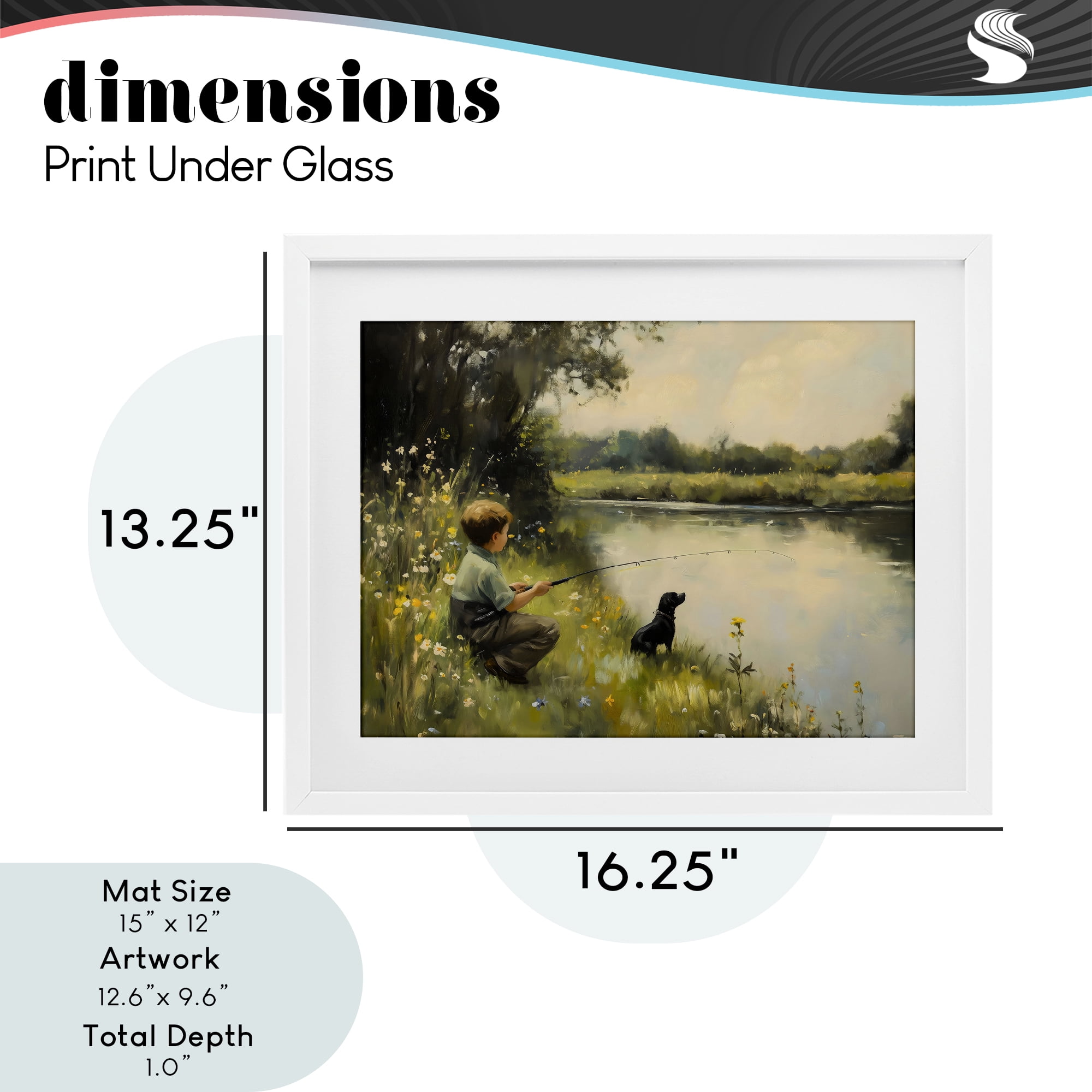 Boy & Puppy Fishing White Framed Print Under Glass, design by Arlington Prints