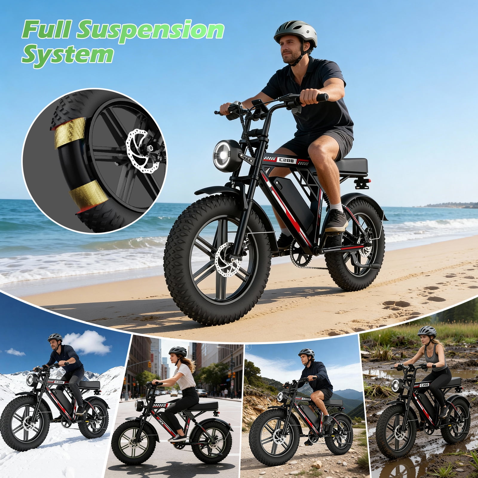 EggKing C200 1000W Electric Bike for Adults, 20" Fat Tire E-Mountain Bikes, 48V 17.5Ah 31MPH Electric Bicycle, Full Suspension UL2849 Black