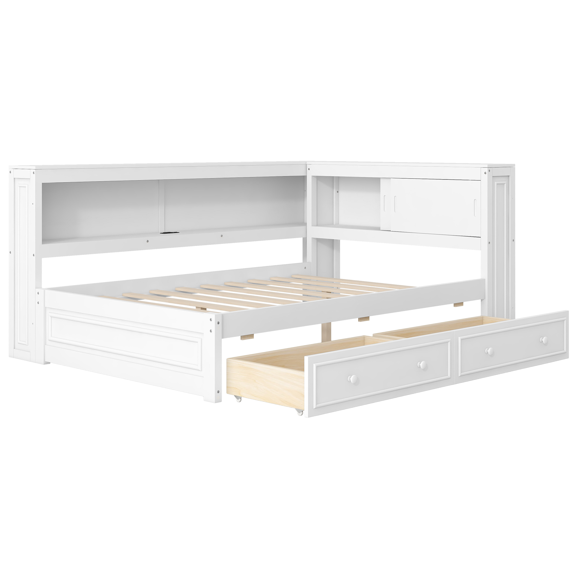 Euroco Full Size Wood Daybed with Storage Shelves and Drawers, Platform Bed with LED Light and USB Ports, White