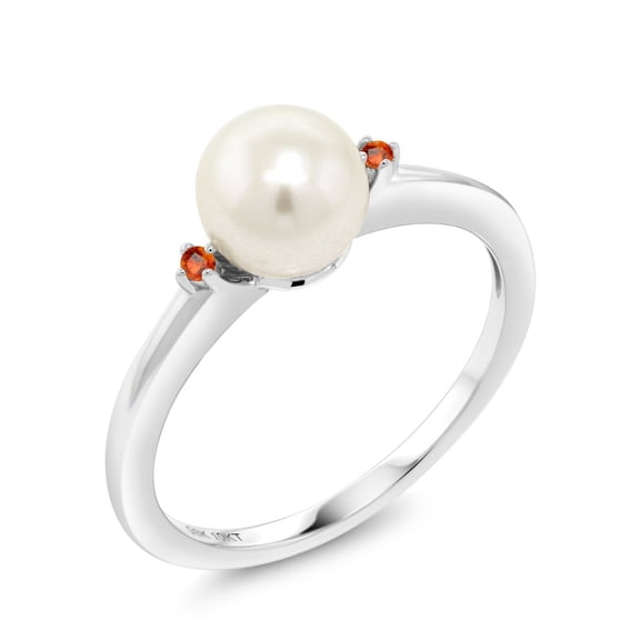 Gem Stone King 10K White Gold 7mm Cultured Freshwater Pearl Women Engagement Ring with Orange Sapphire (Size 7)