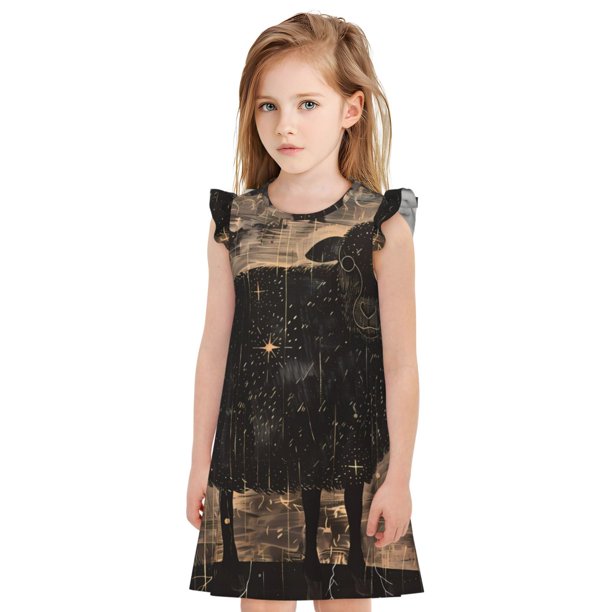 Balery Starry Night Black Sheep Camisón de princesa para niñas, pijama de algodón con mangas abullonadas, suave y bonito.-Medium