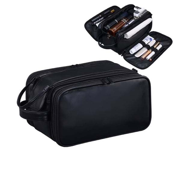 WANDF Large Toiletry Bag with Wet Compartment for Men Women,PU Leather Hanging Travel Dopp Shaving Kit Bag with Double Zippers,Water Resistant Cosmetic Makeup Organizer Bathroom Bag(Black)