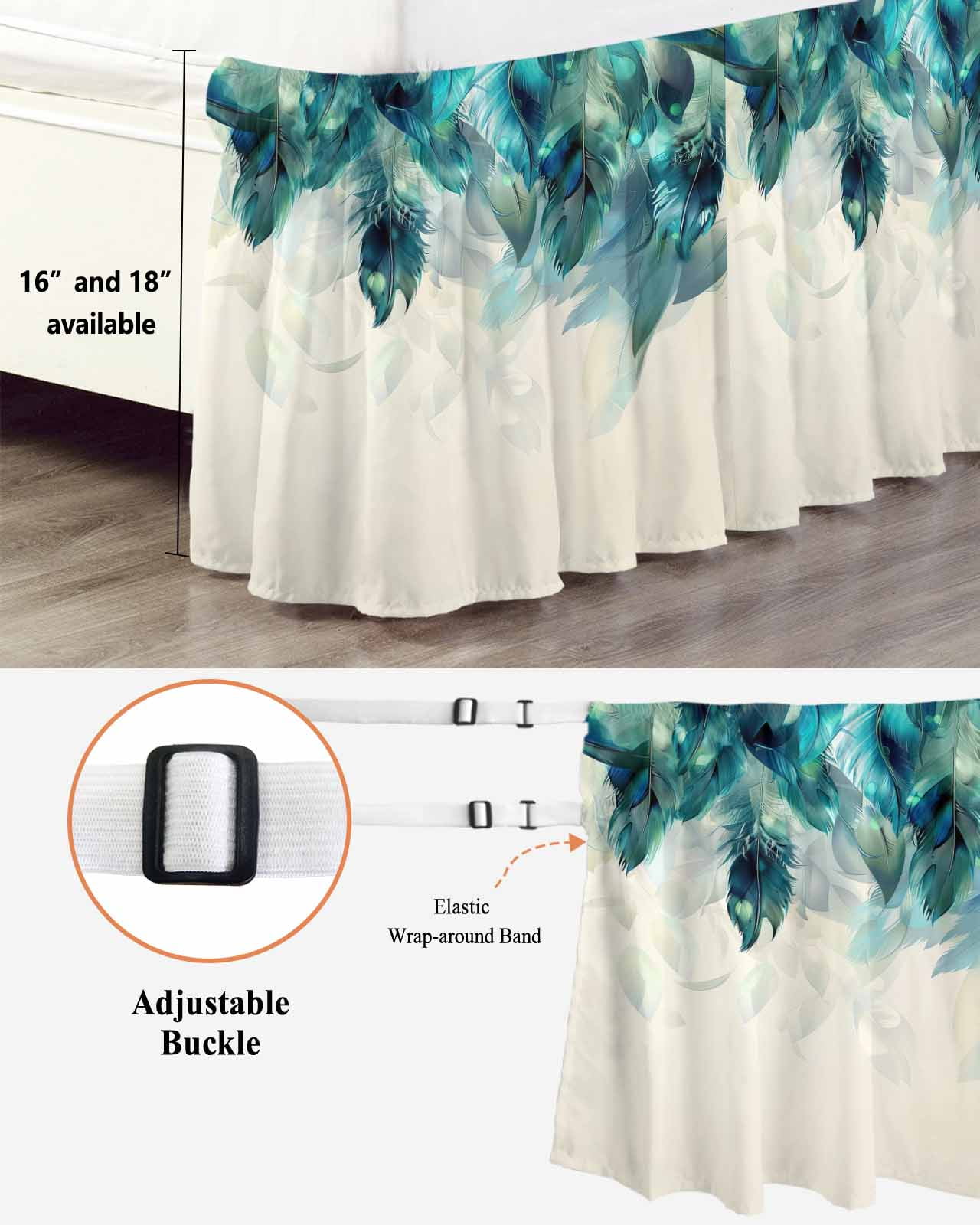 Teal Feather Wrap Around Bed Skirts for Queen Bed 16" Drop, Bed Skirt with Adjustable Elastic Belt Dust Ruffle Bed Valance for Bedroom Hotel Luxury Farmhouse Feather Art Teal Ombre Bed Frame Cover