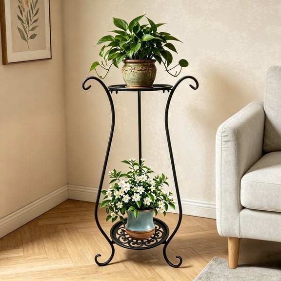 ZHEILFG Metal Plant Stand Indoor Outdoor, Round Black Corner Potted Plant Holder Display Rack, 2‑Tier