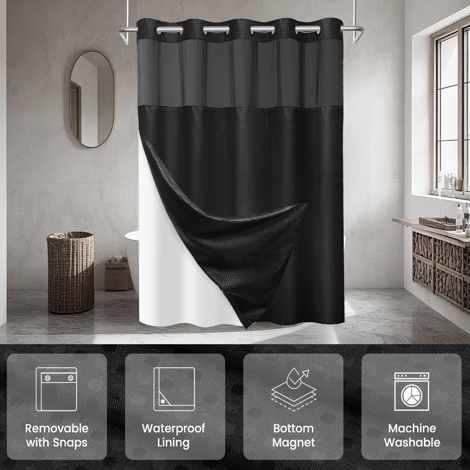 Waffle Weave Hookless Shower Curtain with Snap in Liner, DawnJoanHD Black Polyester Fabric Shower Curtains with See Through Top Window, 71" x 74"