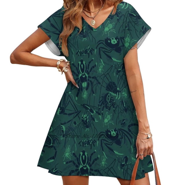 Arachnid Collective - Robe Verte Ample avec Poches pour Femmes Robe Décontractée Col en V Robe Imprimée Motif Araignées Arthropode Vert