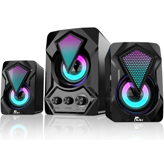 NJSJ Computer Speakers, USB-Powered 2.1 Small Desktop Speakers with Subwoofer, RGB Light 3.5mm Aux-in Connection for PC, Laptop