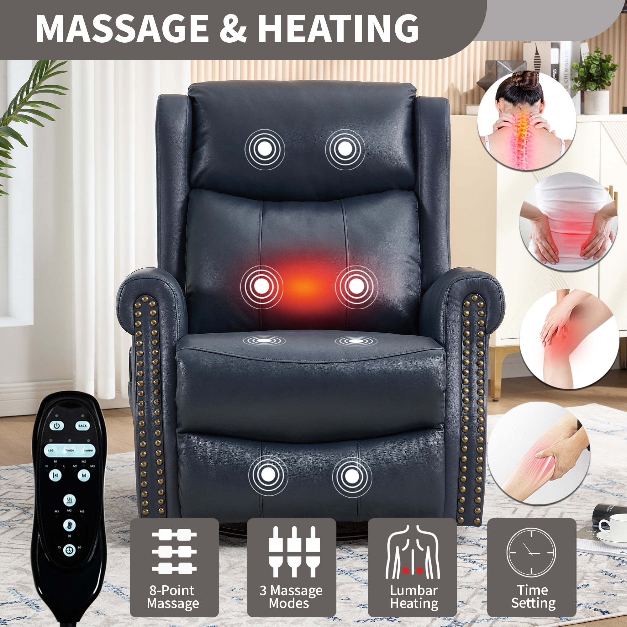 Leumius Swivel Rocker Recliner Chair with Vibration Massage and Lumbar Heating,Ergonomic Lounge Chair with Rocking Function,Rivet Design,Blue