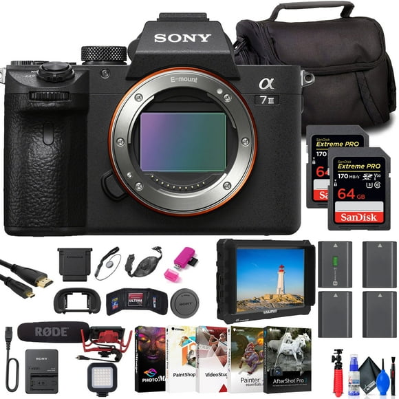 Sony a7 III Mirrorless Camera + 4K Monitor + Mic + 2 x 64GB Card + More
