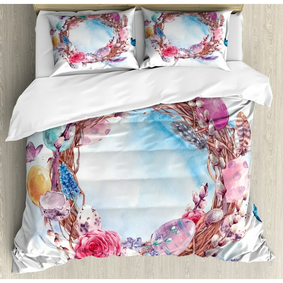 Spring Queen Size Duvet Cover Set, Floral Wreath with Branches Butterflies Feathers Happy Harvest Season Watercolor Art, Decorative 3 Piece Bedding Set with 2 Pillow Shams, Multicolor, by Ambesonne